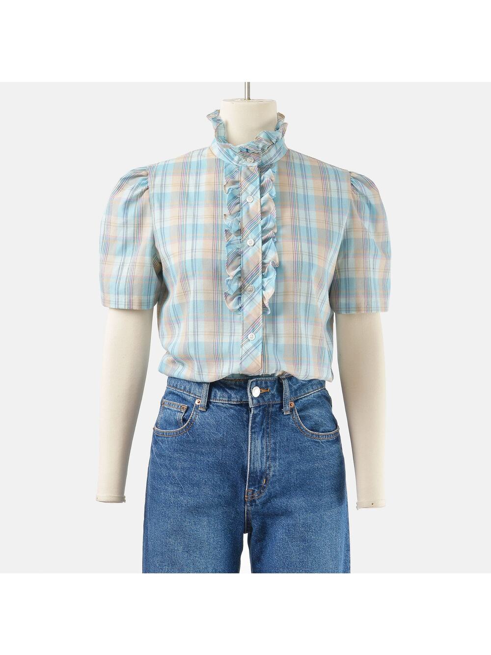 Vintage 80s Plaid Puff Sleeve Blouse Ruffle Neck Button Down Western Shirt S